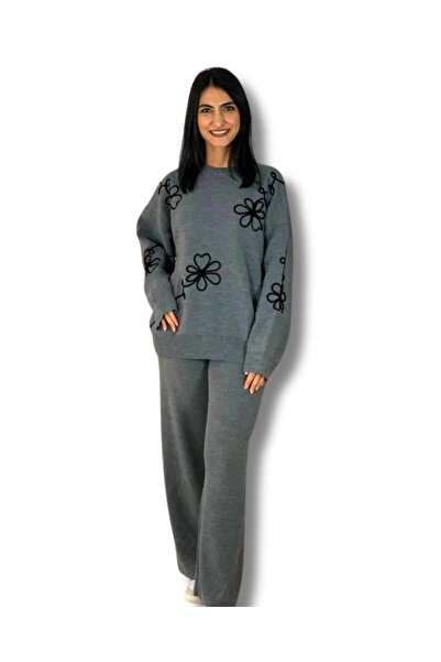 YusGos طقم بنطلون وسترة نسائية بأكمام طويلة مطرزة بالزهور وياقة دائرية