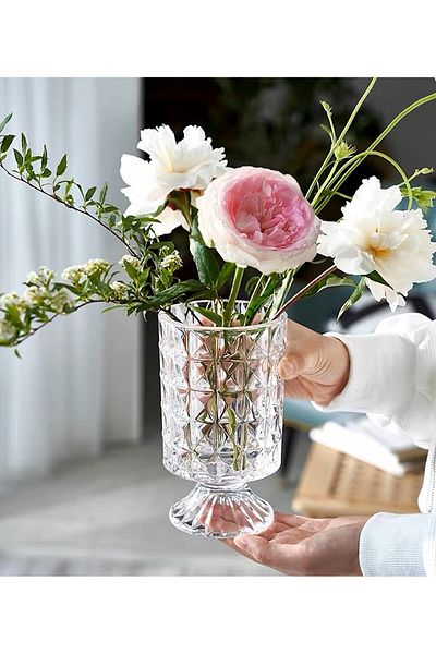 Home Zone Large Clear Pedestal Vases Crystal Glass Ribbed Footed Flower Vase (Diamond Pattern)