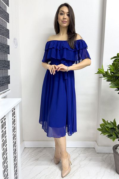 thezkscom Saks Blue Carmen Madonna Collar Plus Size Chiffon Dress