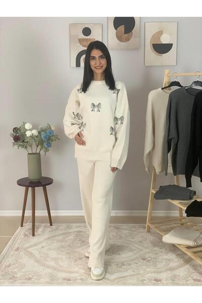 YusGos Women's Long Sleeve Bow Embroidered Crew Neck Knitwear Sweater Pants Set