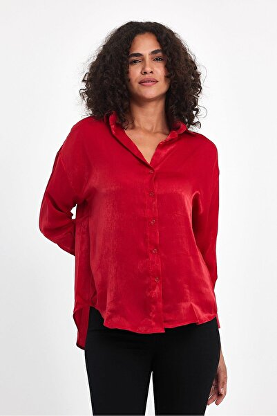 Maldia Shop Kadın Dökümlü Kırmızı Saten Gömlek
