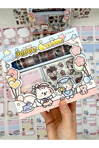 Kağıt Gemi Dükkan Puppy Garden 10'lu Washi Bant(10*2m)+97 Adet Postit+10 Yaprak Sticker Set/Masking Tape/Desenli Bant