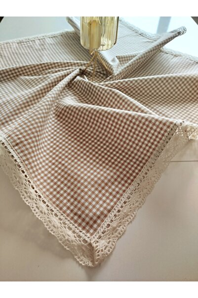 denizli hatırası Brown Gingham Cotton Fabric Square Vintage Tablecloth