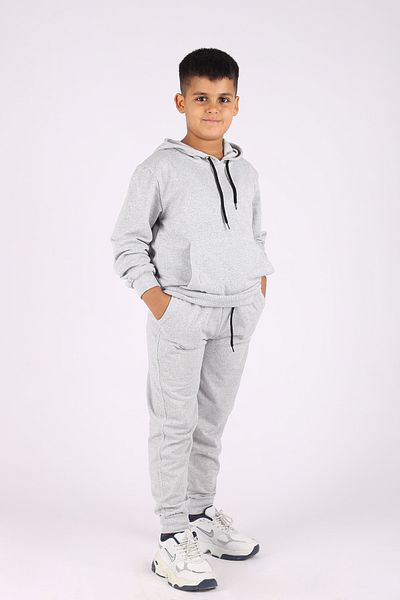 han elegant Solid Color 2 Strings Seasonal Kangaroo Pocket Hooded Unisex Kids Tracksuit Set