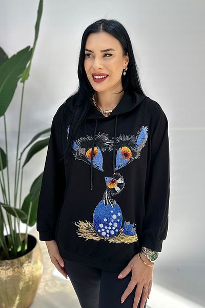 GÖKSEL Rhinestone Printed Large Size Sweat - Black