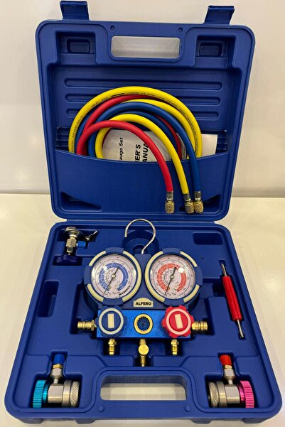 ALFERO 2 Valfli Manifold Gösterge Kiti 1.5m Hortumlu Çantalı R134 A R22 R404 A R410 A Gaz