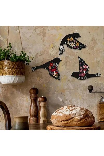 CajuArt Decorative Triple Black Flower Motif Birds Wooden Wall Decoration Painting Ornament