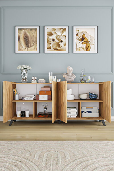 AEKA AE-2056 AKEL Atlantik Çam 4 KAPAKLI GENİŞ KONSOL 180 CM AYAKLI,RAFLI, YEMEK ODASI, TV SEHBASI