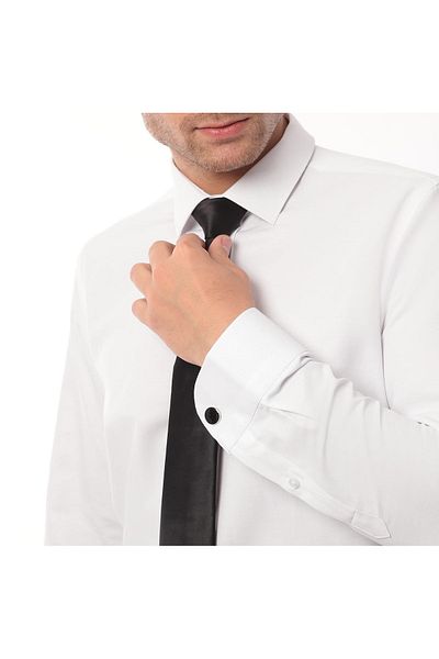 nightblack Bright White Satin Fabric Slim Skinny Shirt with Iron-On Tie and Stylish Cufflink Gift