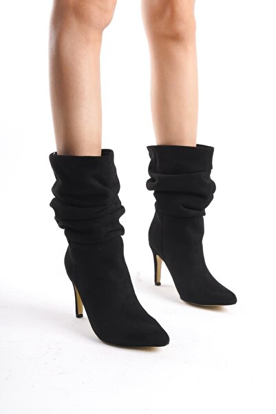 TOPUK Asena Black Suede Short Pull-Out Gusseted Cowboy Boots
