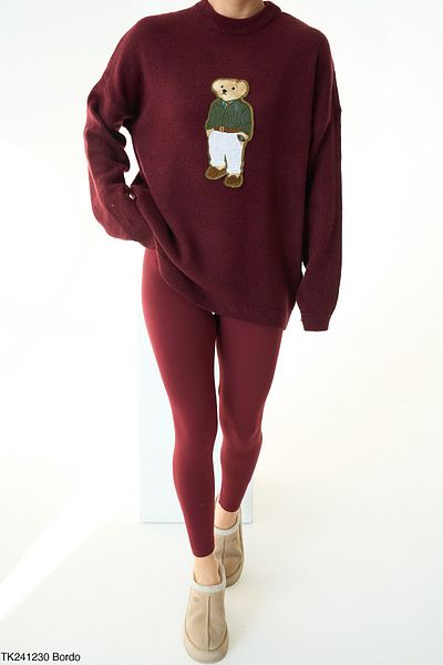 Nisantasimoda Women's Crew Neck Burgundy Bear Embroidery Detailed Knitwear Sweater