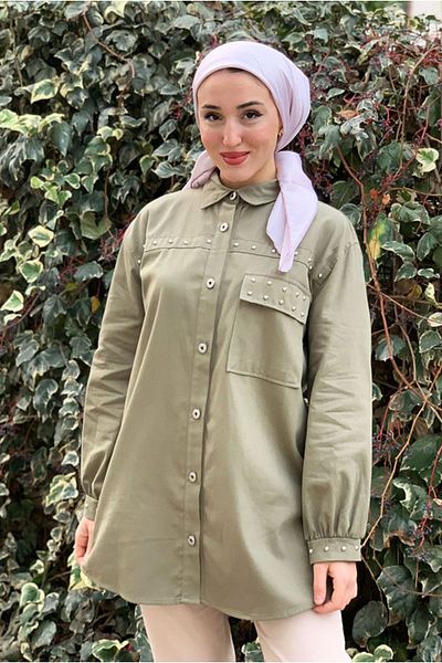 Moda Rosa 25K5372 - Khaki - Gabardin Shirt Jacket with Button Front