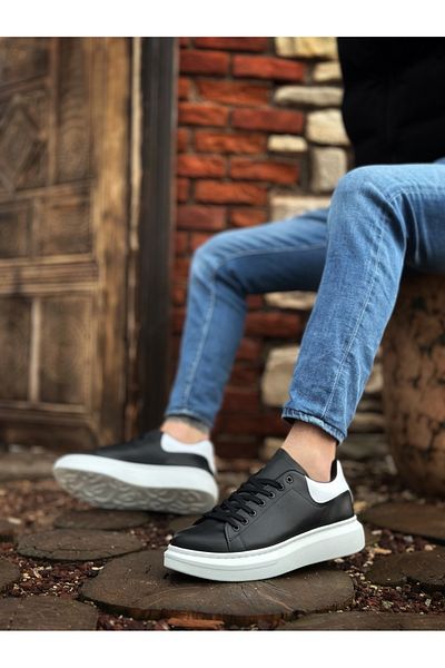 BOA Ba0547 Boa Thick High Sole Black White Piece Detail Lace up Sports Men's Shoes