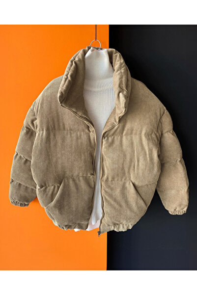 NO1 KONSEPT Μπεζ ζιβάγκο βελούδινο κοτλέ φουσκωτό παλτό