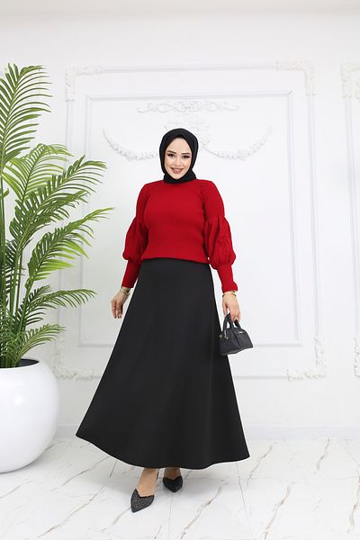 ALLMİRA FASHION Black Flared Skirt and Red Balloon Sleeve Badi Hijab Double Combination