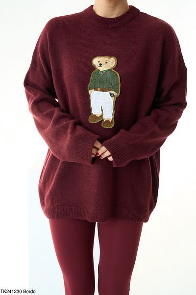Nisantasimoda Women's Crew Neck Burgundy Bear Embroidery Detailed Knitwear Sweater