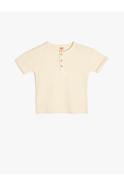 Koton Button Detailed Short Sleeve Cotton Crew Neck Basic T-Shirt