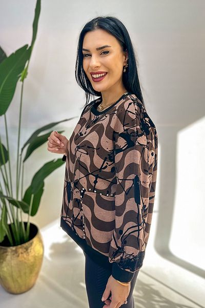 GÖKSEL Stone Printed Large Size Sweat - Brown