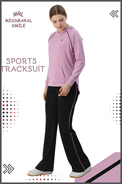 missmaral Kadın Spor Eşofman Takım İspanyol Paça Çift Cepli Alt &Kapüşonlu Kanguru Cepli Üst Lila Rengi 3053