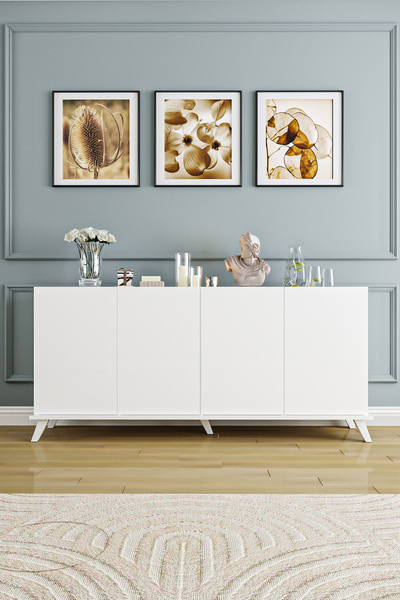 AEKA AE-2056 AKEL BEYAZ 4 KAPAKLI GENİŞ KONSOL 180 CM AYAKLI,RAFLI, YEMEK ODASI, TV SEHBASI, MODERN,