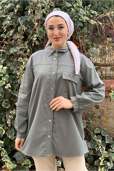Moda Rosa 25K5372 - رمادي - سترة قميص GABARDIN بأزرار أمامية