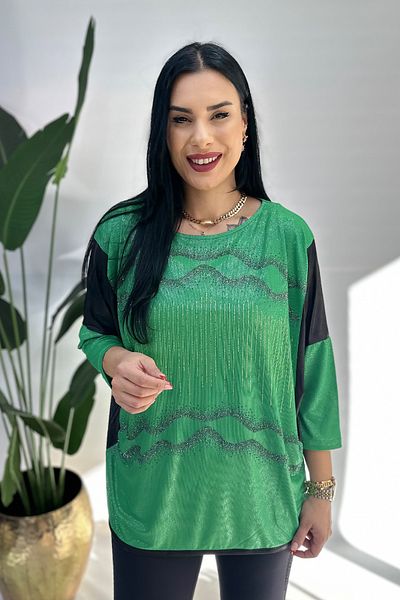GÖKSEL Rhinestone Printed Plus Size Blouse - Green