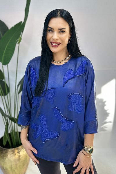GÖKSEL Plus Size Blue Blouse - Stone Detailed