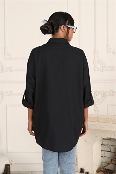 TF The Fancy For You Fancy Women's 100% Cotton Sleeve Folded Epaulets Loose Cut Oversize Basic Linen Shirt