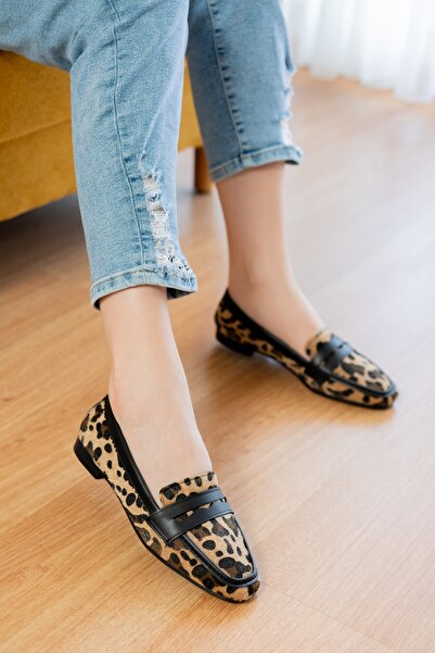 DİVOLYA Fava Leopard (1 cm Heel) Blunt Toe Ballerinas