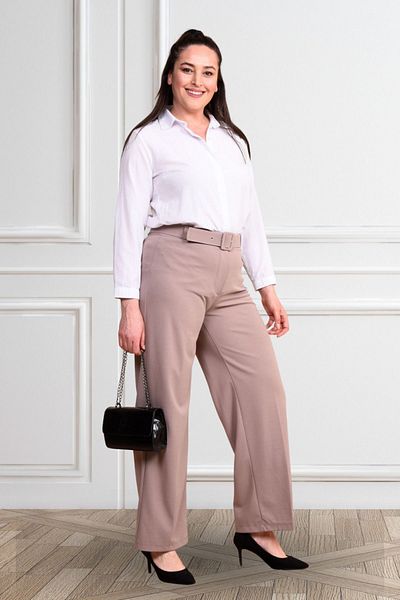 Ferace Large Size Women's Fabric Trousers - Belted and Wide Leg Palazzo Model