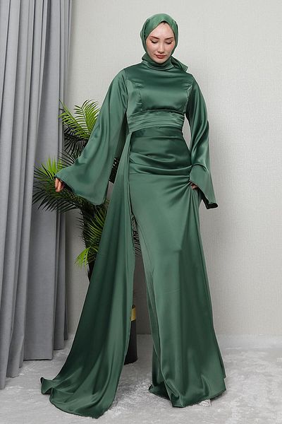 GİZ AGİYİM Βραδινό φόρεμα Green Satin Jasmine - Απαλό Σχέδιο