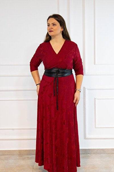 Bedrinxxl Kadın Büyük Beden Bordo Kemerli V Yaka Elbise Davet Şık Deri Kemerli