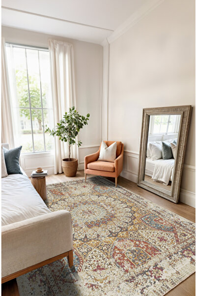 BigArts Home Saray Motifli Vintage Şönil Salon Halısı, Dokuma Tabanlı Dekorat...