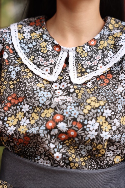 KÜÇÜĞÜM BUTİK Vintage Μαύρο-Μπλε Floral Βρεφική Μπλούζα Δαντέλα Ποπλίνα