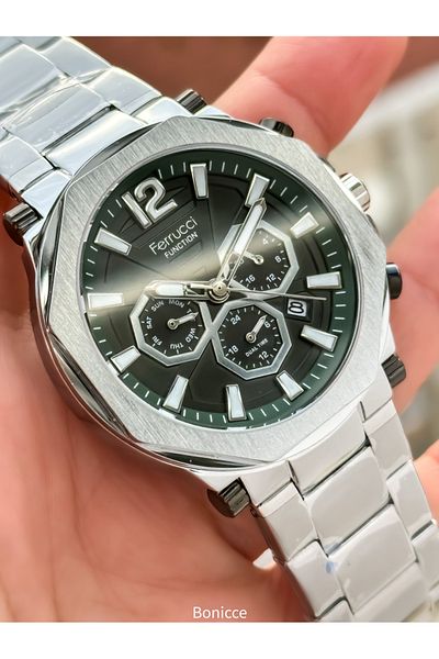 Ferrucci Brand Green Dial Steel Band Silver Color Men Wrist Watch
