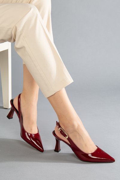 camaiore Women's Burgundy Patent Leather Pointed Toe Thin Heeled Slingback Shoes