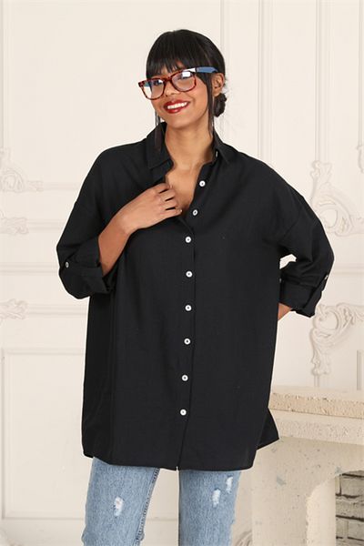 TF The Fancy For You Fancy Women's 100% Cotton Sleeve Folded Epaulets Loose Cut Oversize Basic Linen Shirt