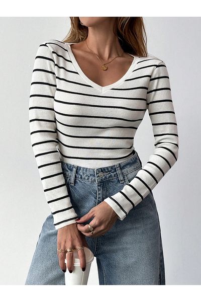 Pek Moda Γυναικεία Λευκή Μαύρη Ριγέ Μακρυμάνικη Μπλούζα Καμιζόλ με V λαιμόκοψη