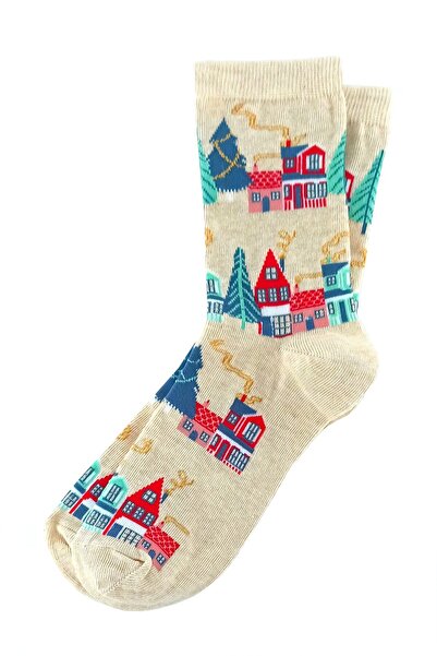 chetic Simli Bej Yılbaşı Temalı Şehir Desenli Çorap