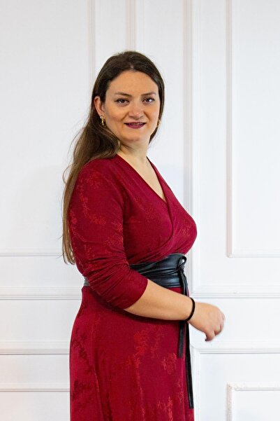 Bedrinxxl Kadın Büyük Beden Bordo Kemerli V Yaka Elbise Davet Şık Deri Kemerli