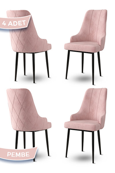 Canisa Trex Serisi 1.sınıf Babyface Kumaş Siyah Metal Ayak 4 Adet Pembe Sandalye