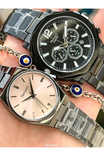 Ferrucci Brand Steel Cord Silver Color Dear Couple Wristwatches Rosary Bracelet