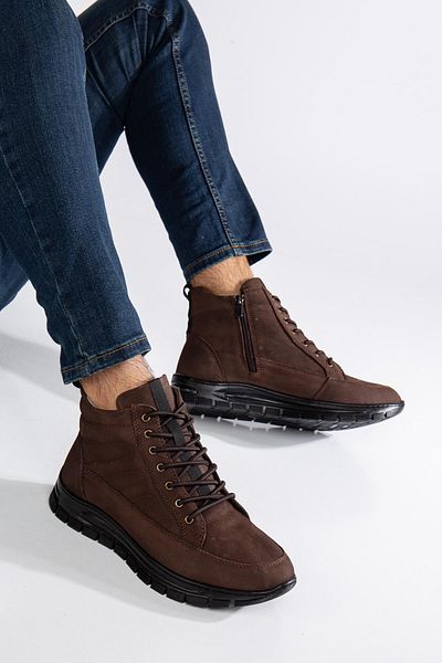 Dilimler Ayakkabı Ανδρικές μπότες Nubuck από γνήσιο δέρμα καφέ ελαστικό κορδόνι με στάμπα