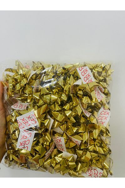 HUR-AY PACK 100 Pcs Gold Color Metallized Star Gift Ornament / Gold Raffia Gift Wrap Ornament Star