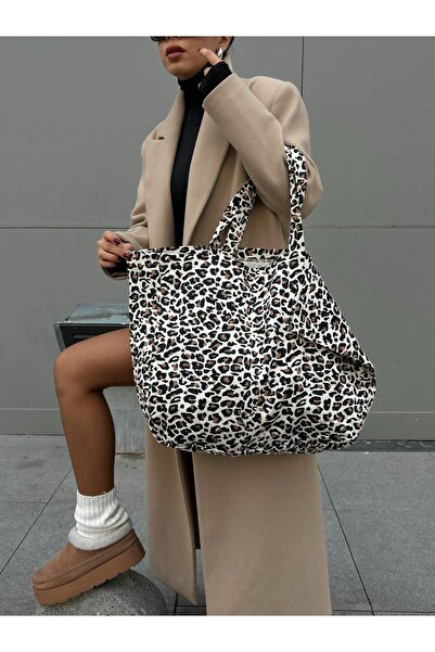 minaaise Leopar Desenli Oversize Kanvas Bez Çanta
