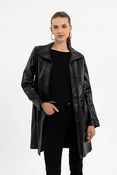 Deriderim Black Hena Zippered Wide Cut Long Women's Genuine Leather Coat
