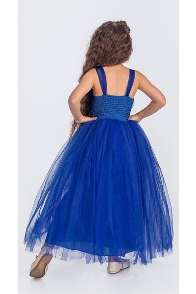 Mnk Sırt Gipeli Tütü Etek Kız Çocuk Saten Parti Abiye Elbise MNK0340 MAVİ