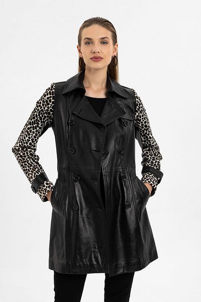 Deriderim Kelia Black Sleeves Leopard Printed Women's Genuine Leather Coat