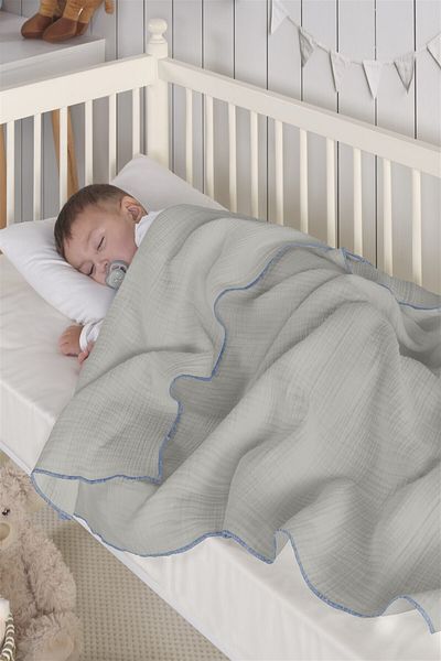 Evim 4 Layer Organic Cotton Muslin Baby Blanket - 120X120 cm Gray Blue