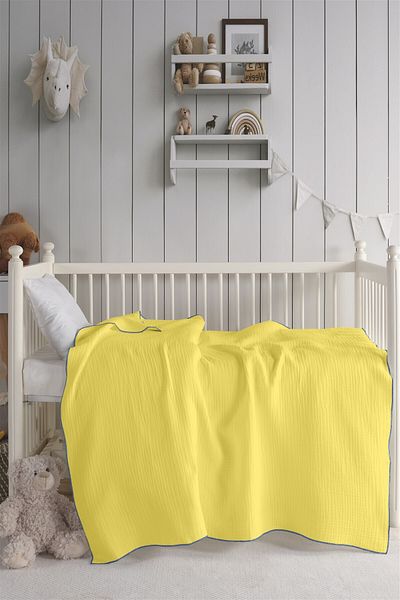 Evim Organic Cotton 4 Layer Muslin Baby Blanket 120X120 cm Light Yellow Blue